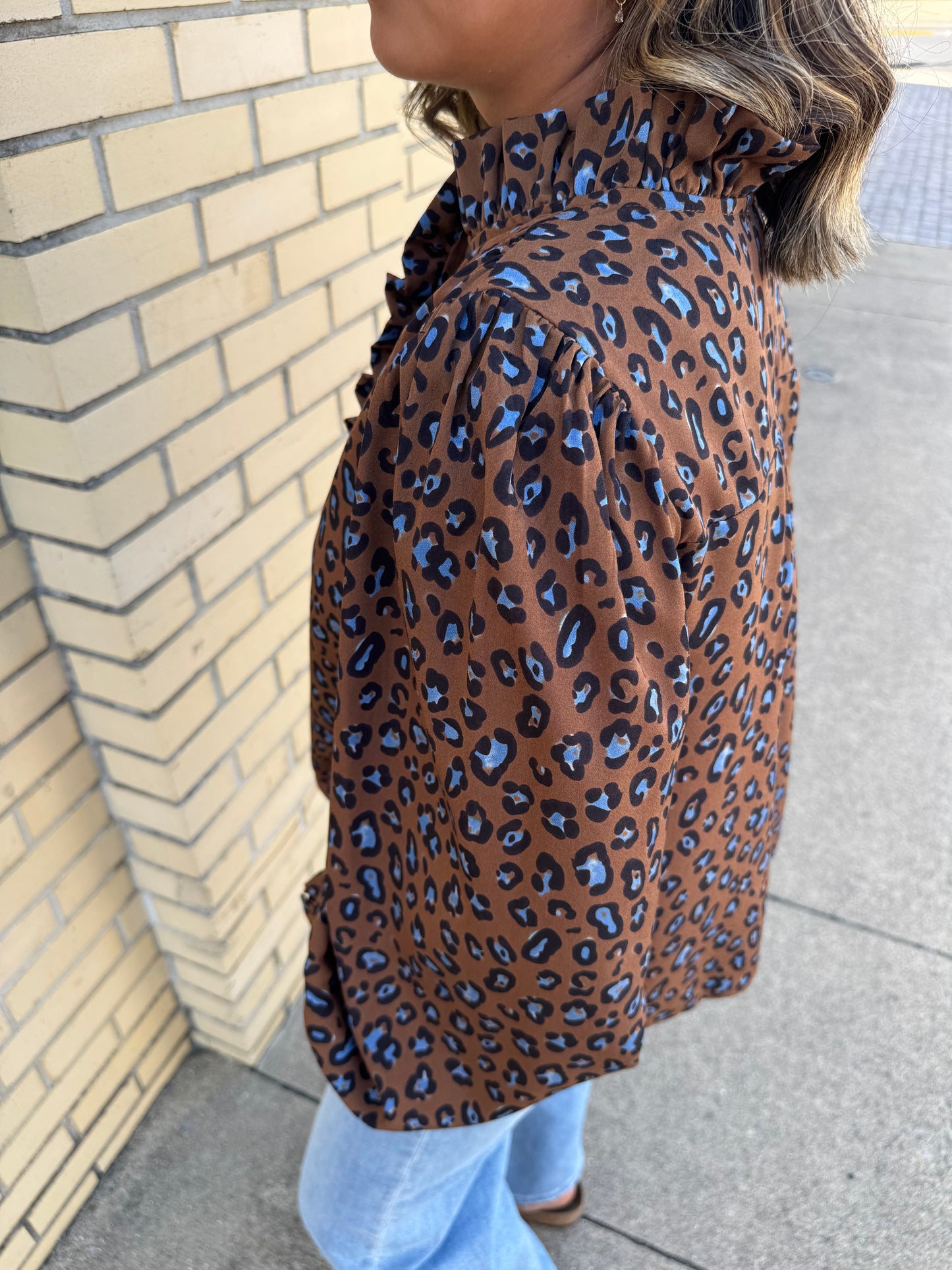 Brielle Brown & Blue Leopard Print Blouse W/ Ruffle Details