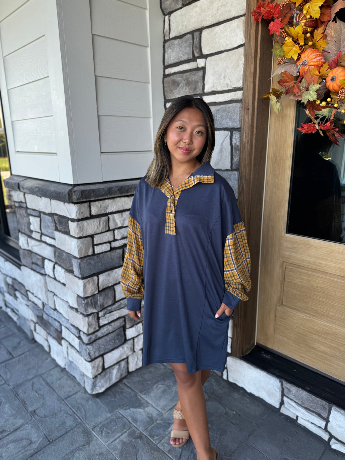 Martha Navy Luxe Knit Plaid Sleeve Mini Dress