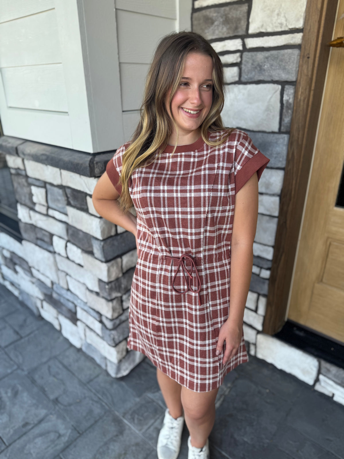 Becca Rust Soft Plaid Cap Sleeve Mini Dress