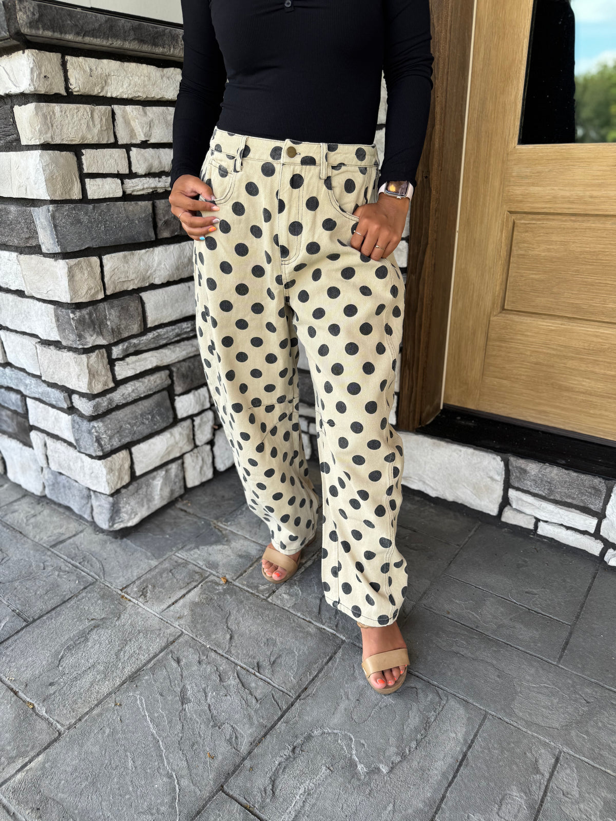 Layla Khaki & Black Polka Dot Washed Twill Barrel Pants