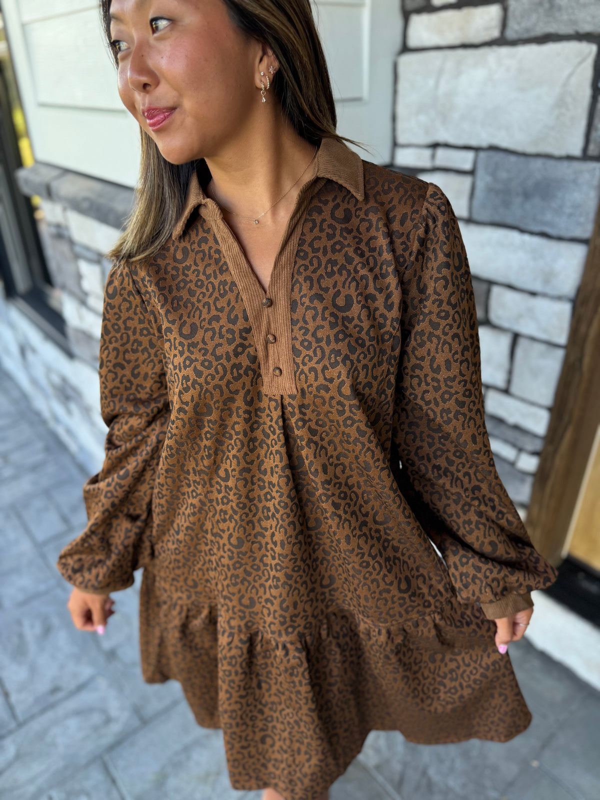 Phoebe Cheetah Print Jacquard Collared Tiered Dress