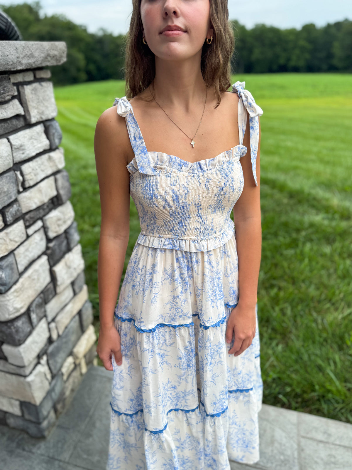 Charlotte Ivory & Baby Blue Tiered Lace Trim Floral Midi Dress