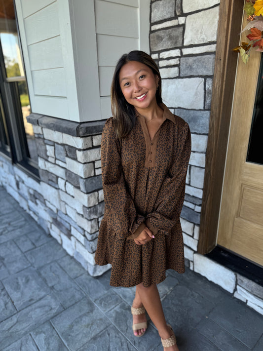 Phoebe Cheetah Print Jacquard Collared Tiered Dress