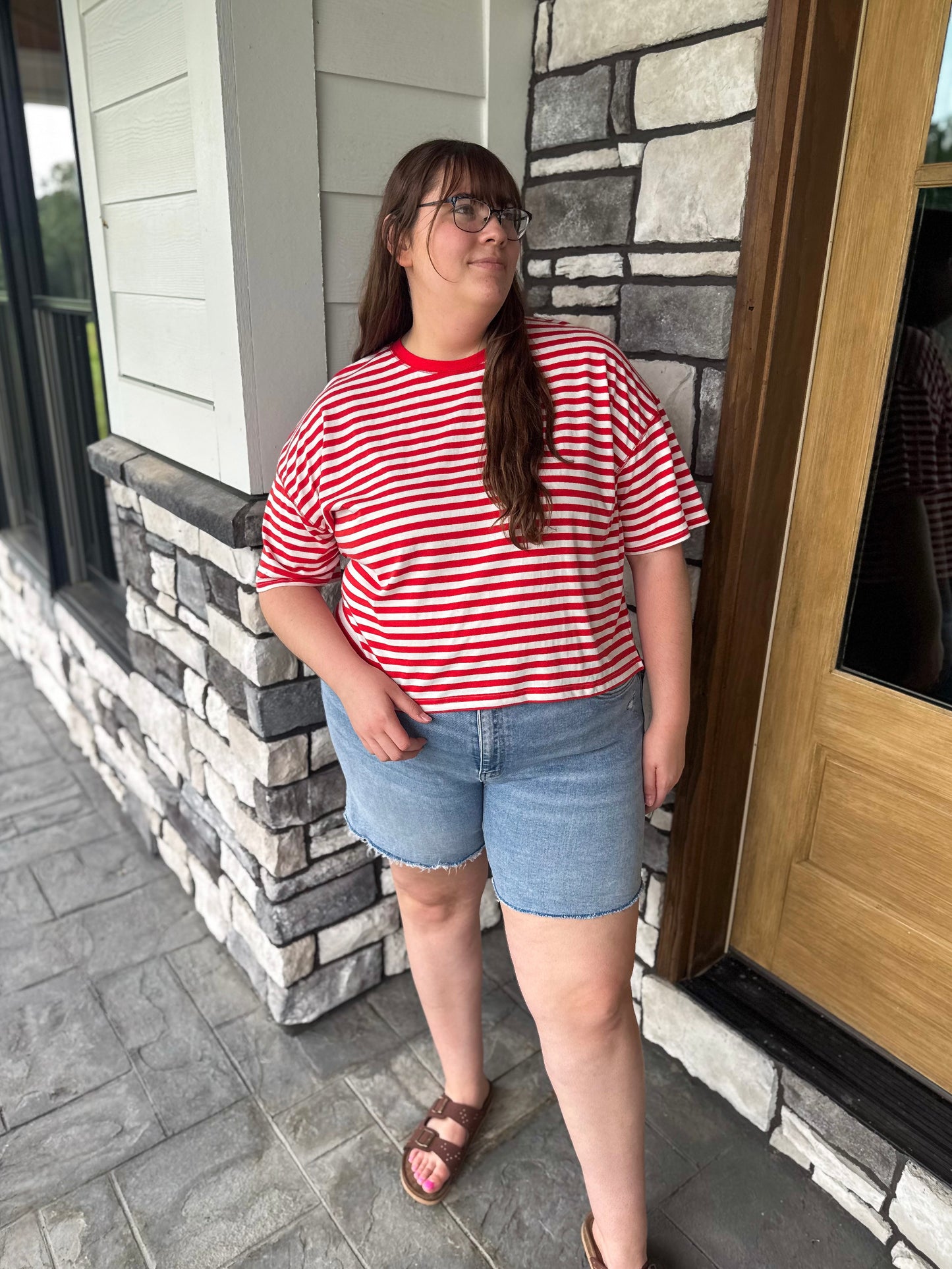 Hallie Red & Off White Striped Round Neck Slight Crop Oversized Tee