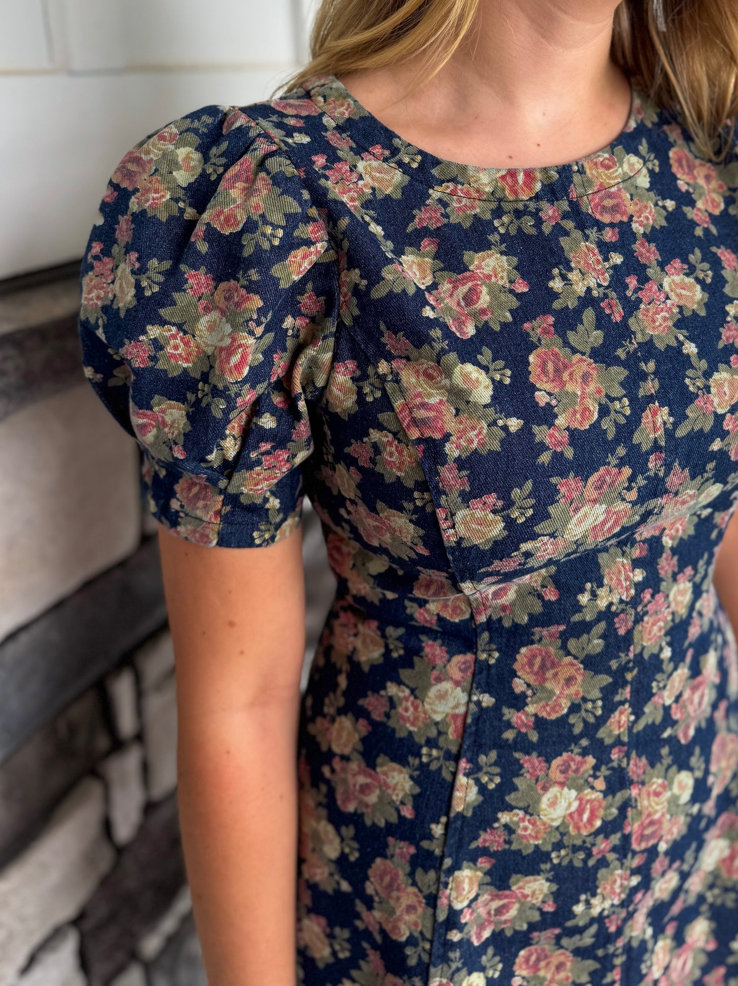 Elaine Floral Puff Sleeve Seam Detail Denim Mini Dress
