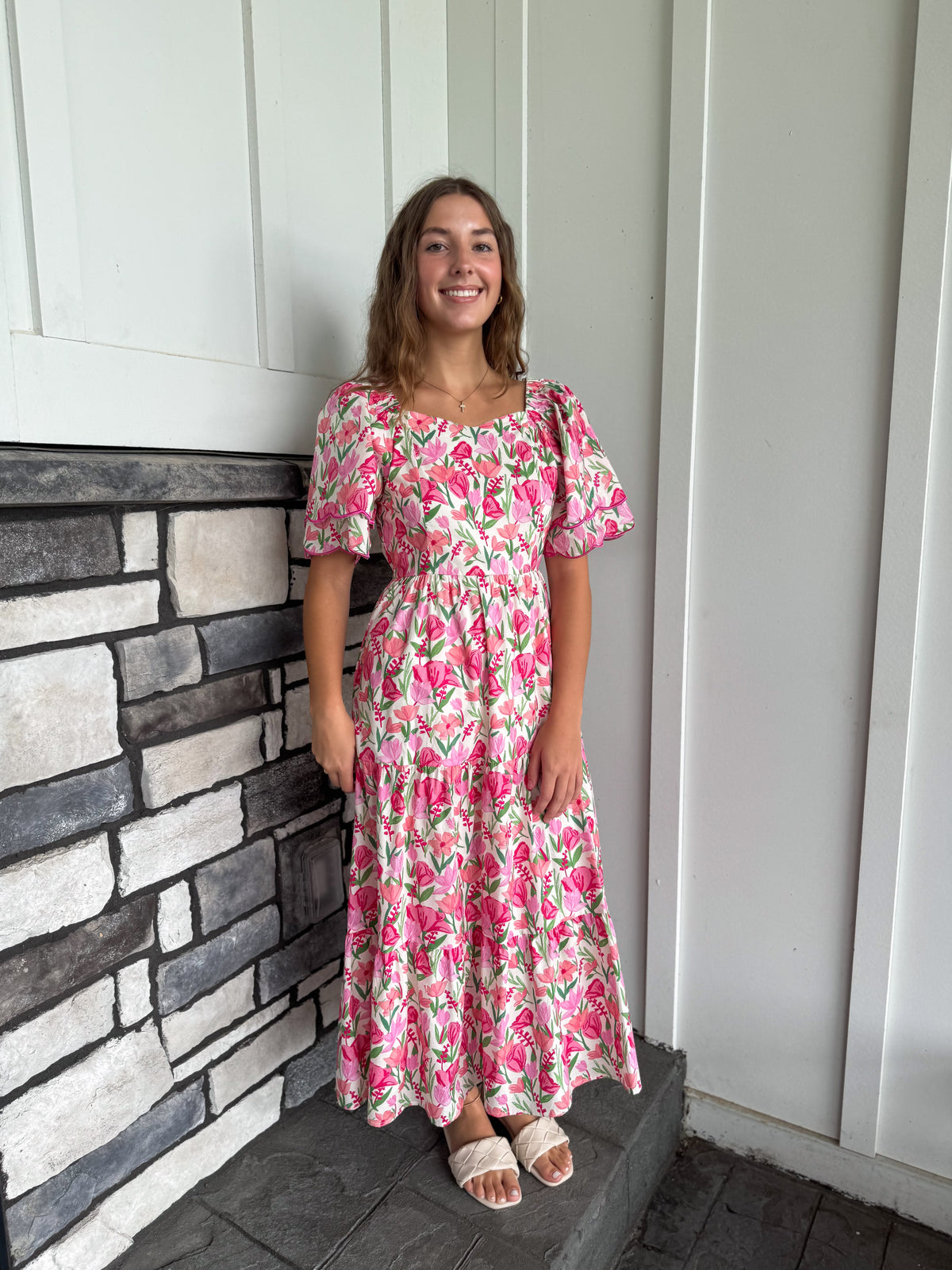 Taylor Pink Floral Contrast Piped Tulip Sleeve Dress