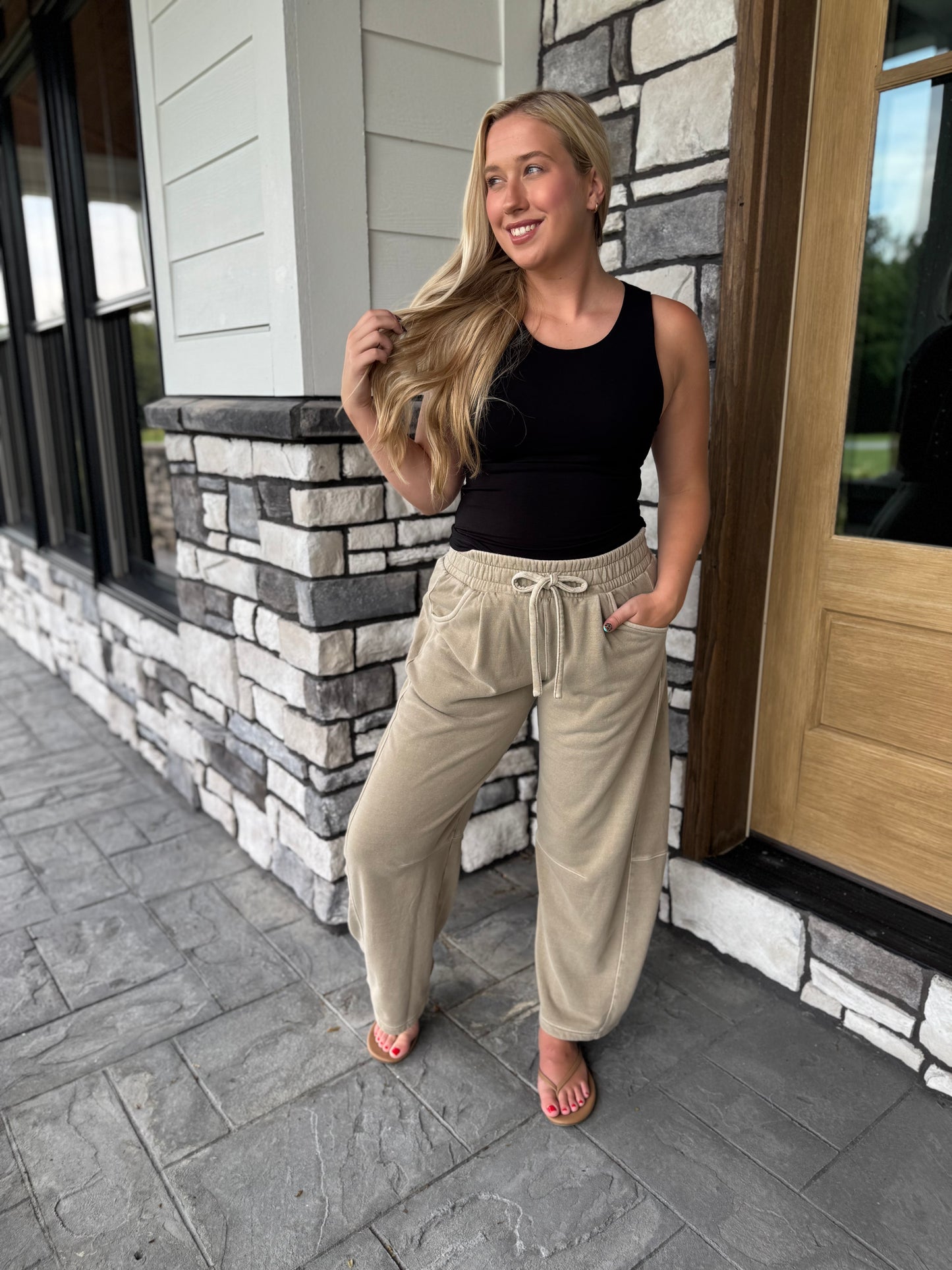 Jasmine Tan Elastic/Drawstring Waist Barrel Leg Sweatpants