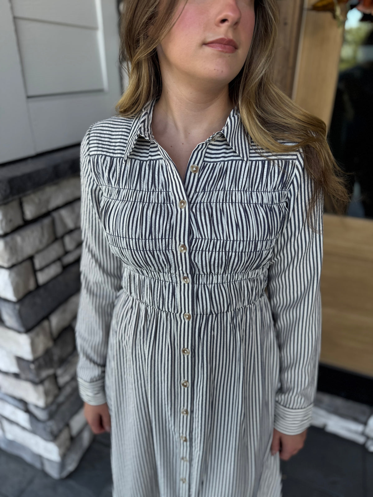 Mindy Navy Striped Button Up Midi Dress