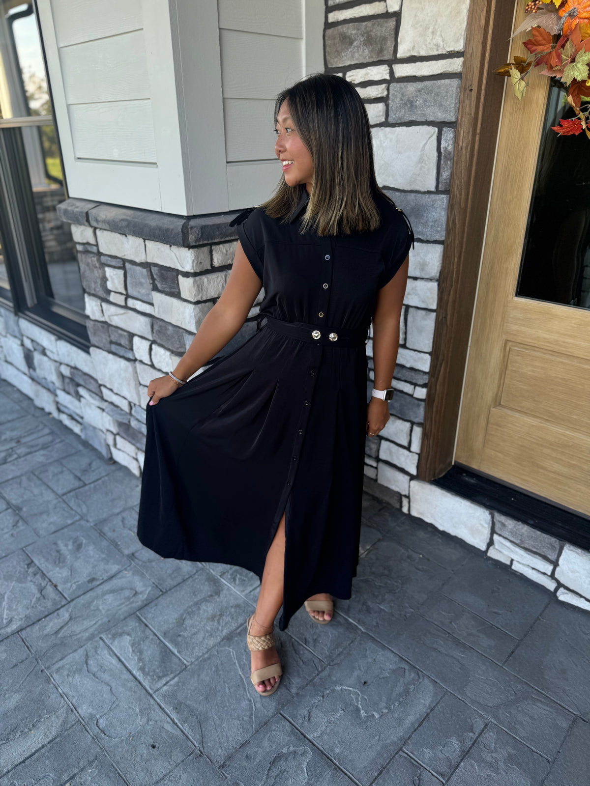 Amber Black Tab Shoulder Detail Belted Midi Dress