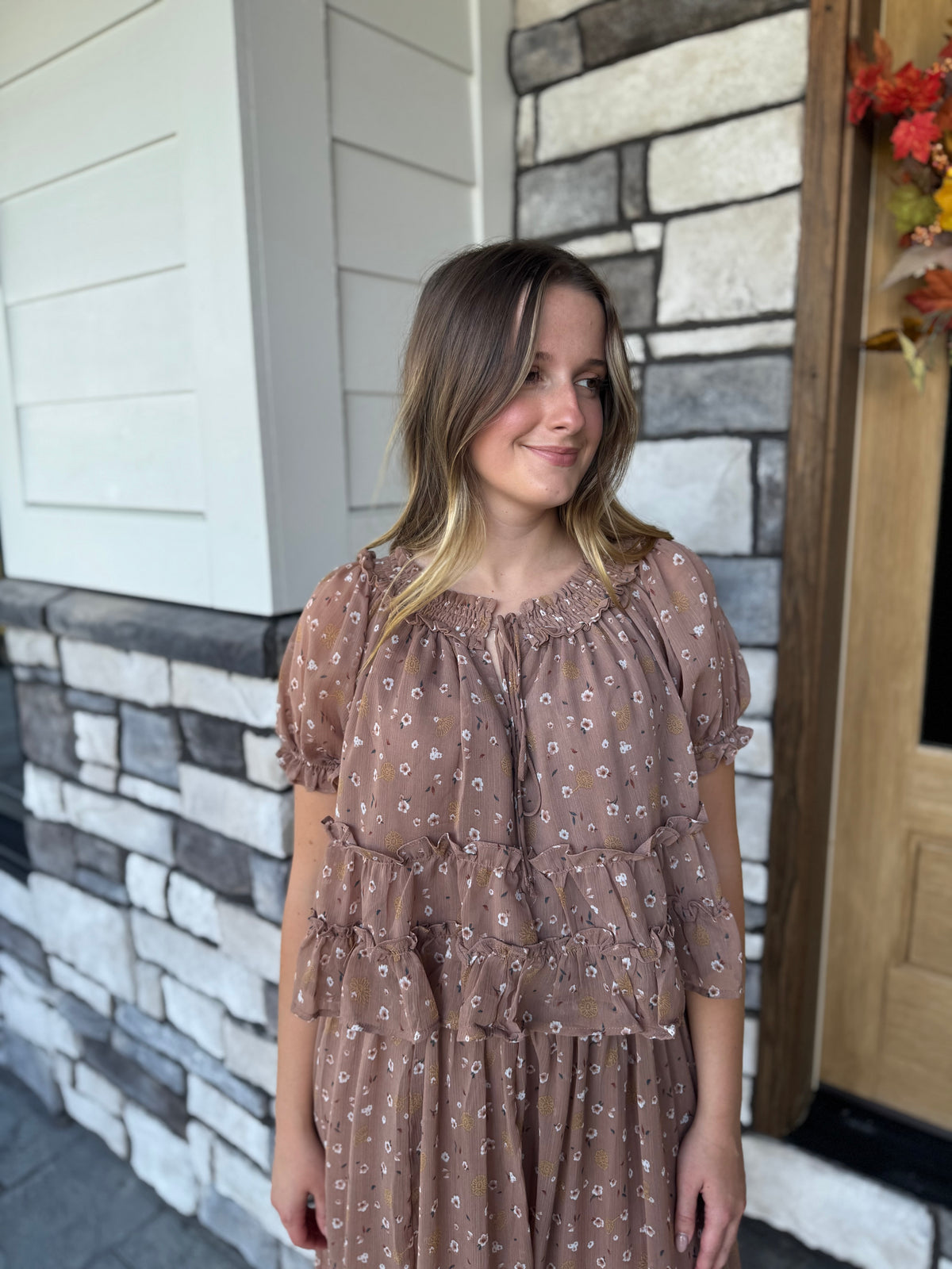 Evelyn Floral Smocked Neckline Puff Sleeve Top