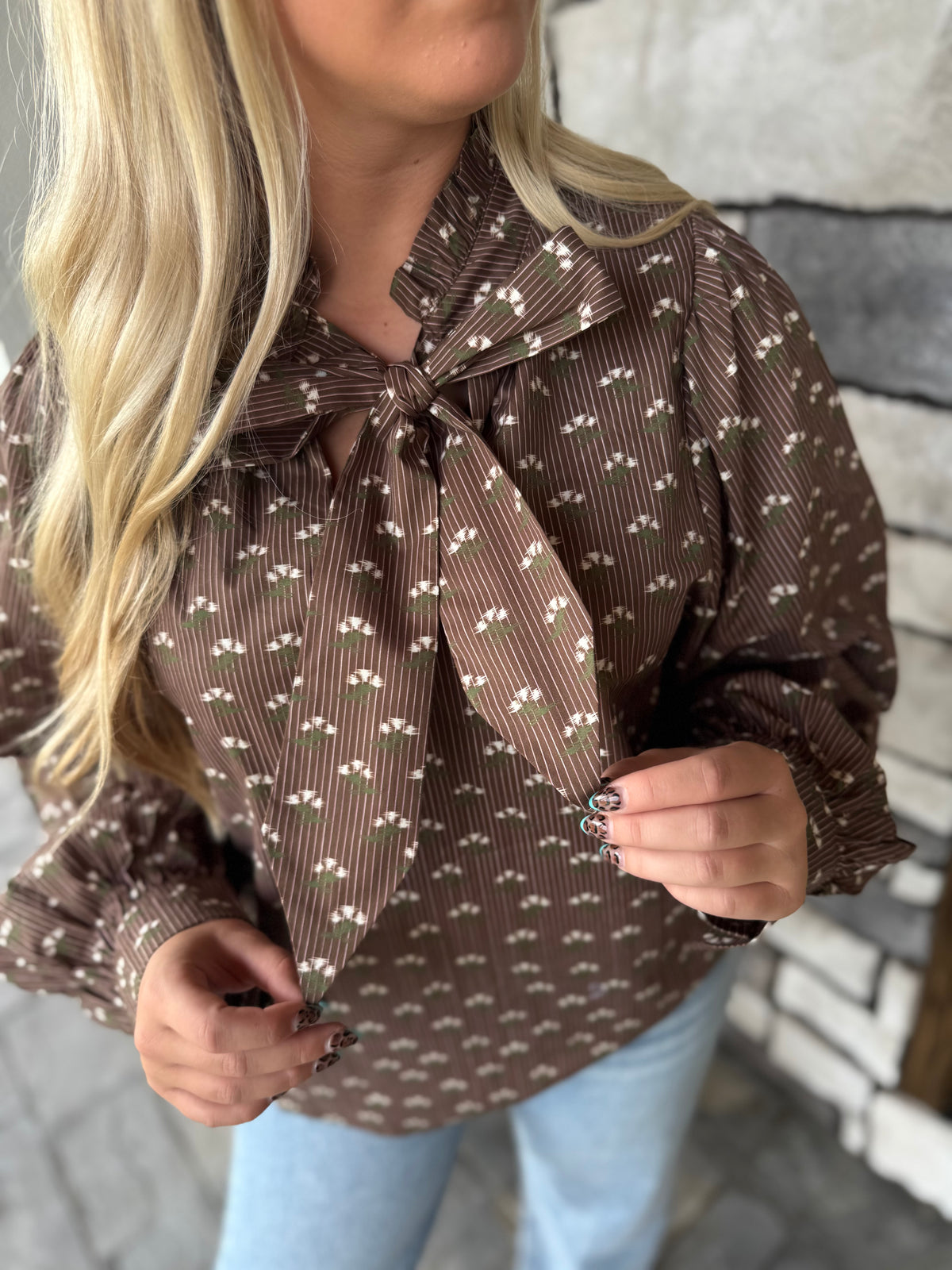 Fran Brown Floral Blouse W/ Bow Tie Detail