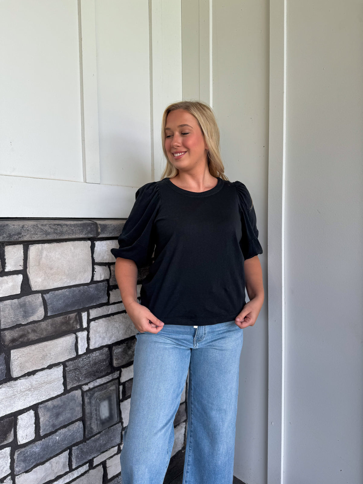 Caitlyn Black Garment-Dye Puff Sleeve Cotton Jersey Top