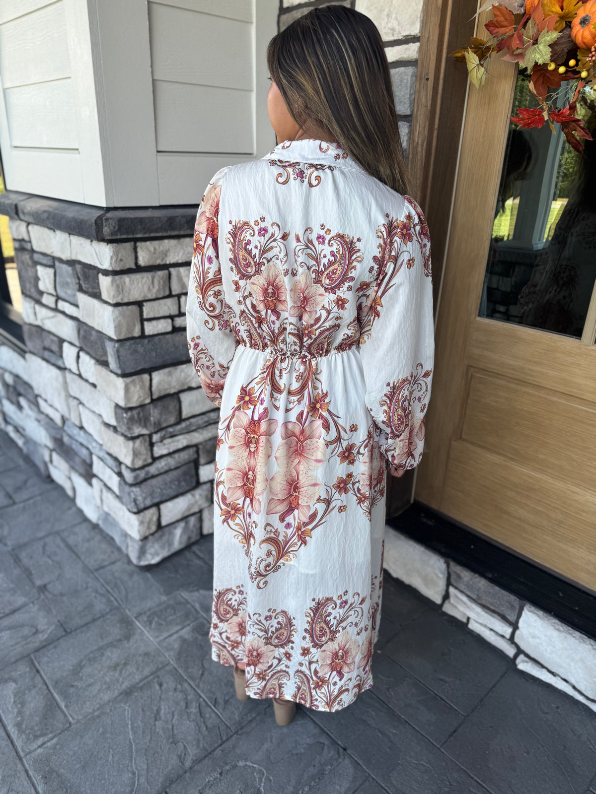 Mabel Amber Paisley Pleated Waist Button Up Midi Dress