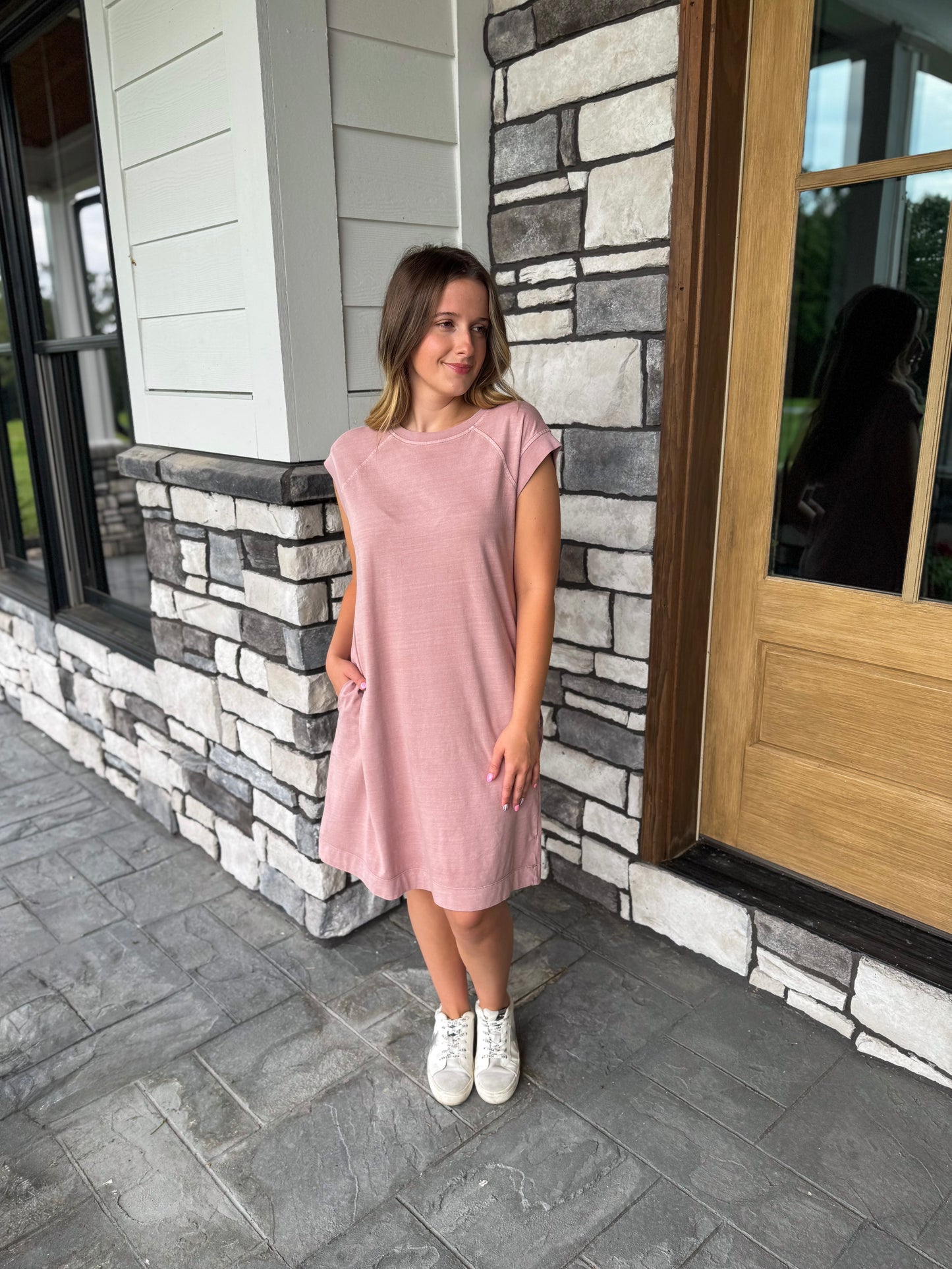 Katie Dusty Pink Garment Washed Casual Capped Sleeve Jersey Dress