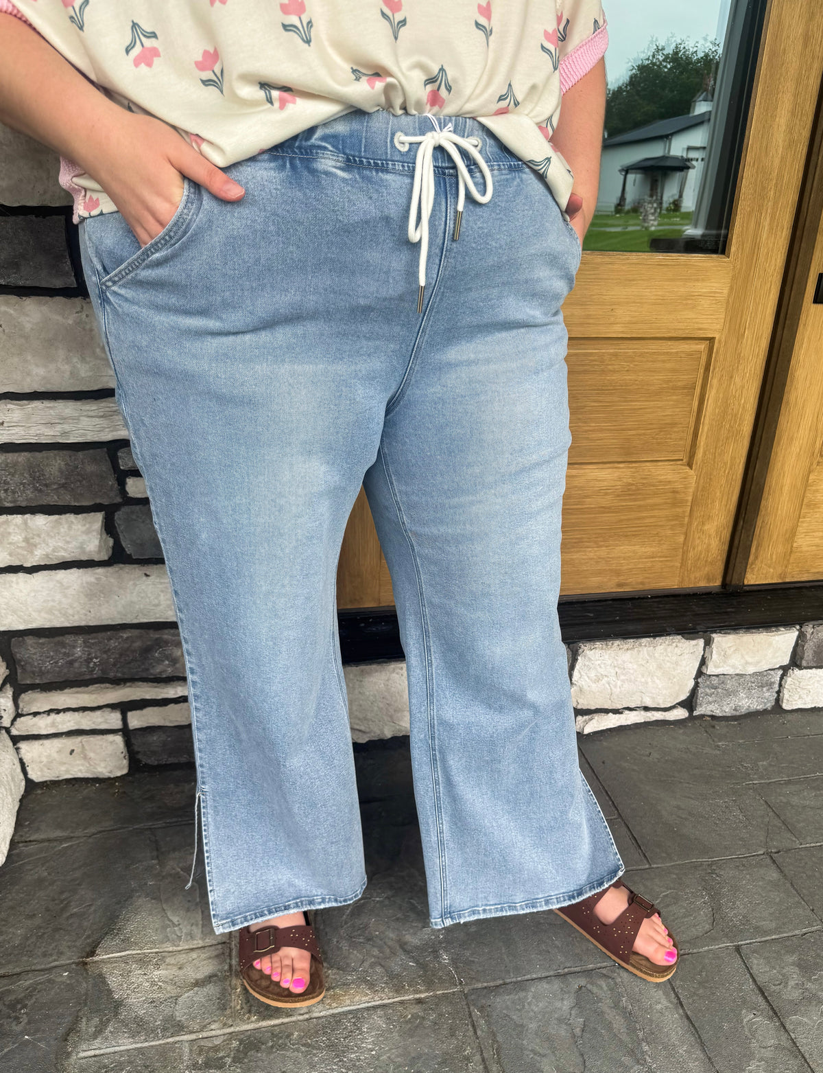 Plus Size High Rise Drawstring Waistband Slit Wide Leg Jeans