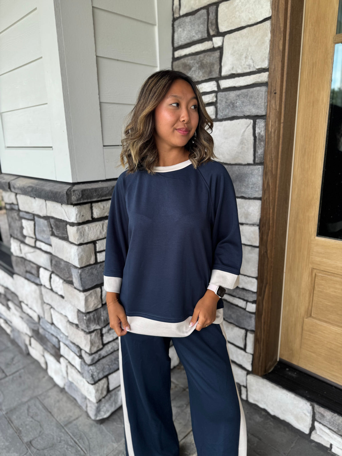 Angela Navy & Ecru Luxe Knit Matching Set W/ Stripe Details