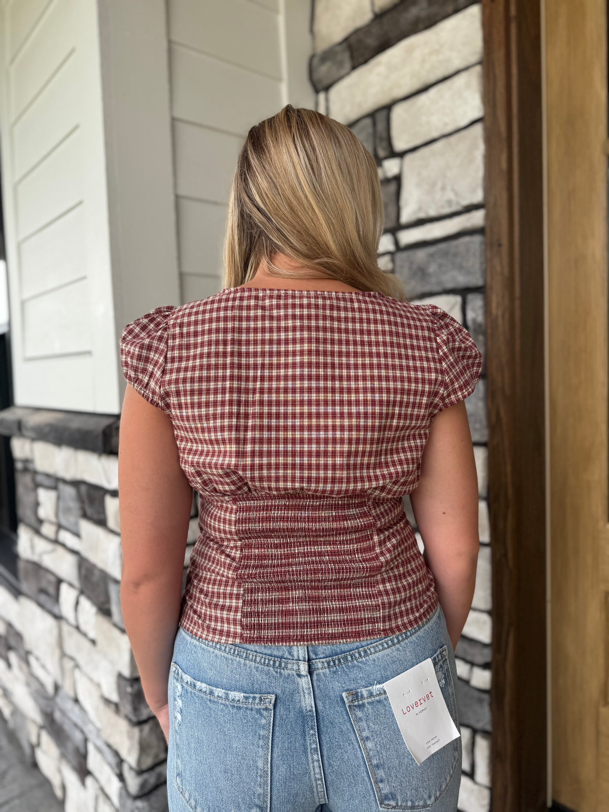 Chloe Burgundy Plaid Button Up Puff Sleeve Top