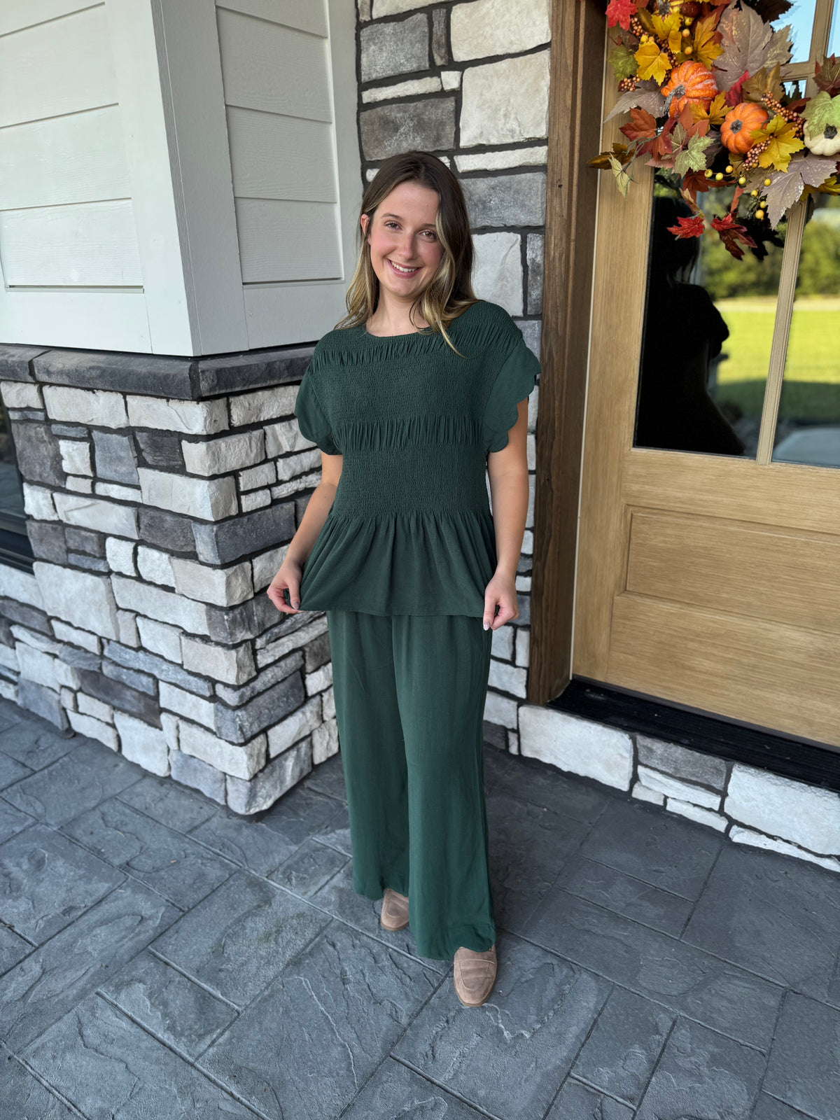 Tania Dark Green Smocked Peplum Top