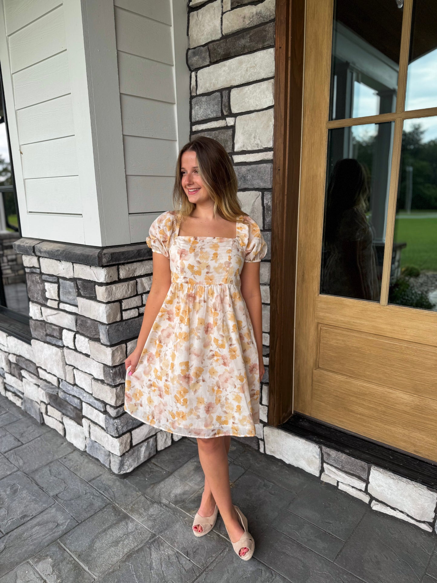 Bailey Mustard Floral Print Puff Sleeve Square Neck Mini Dress