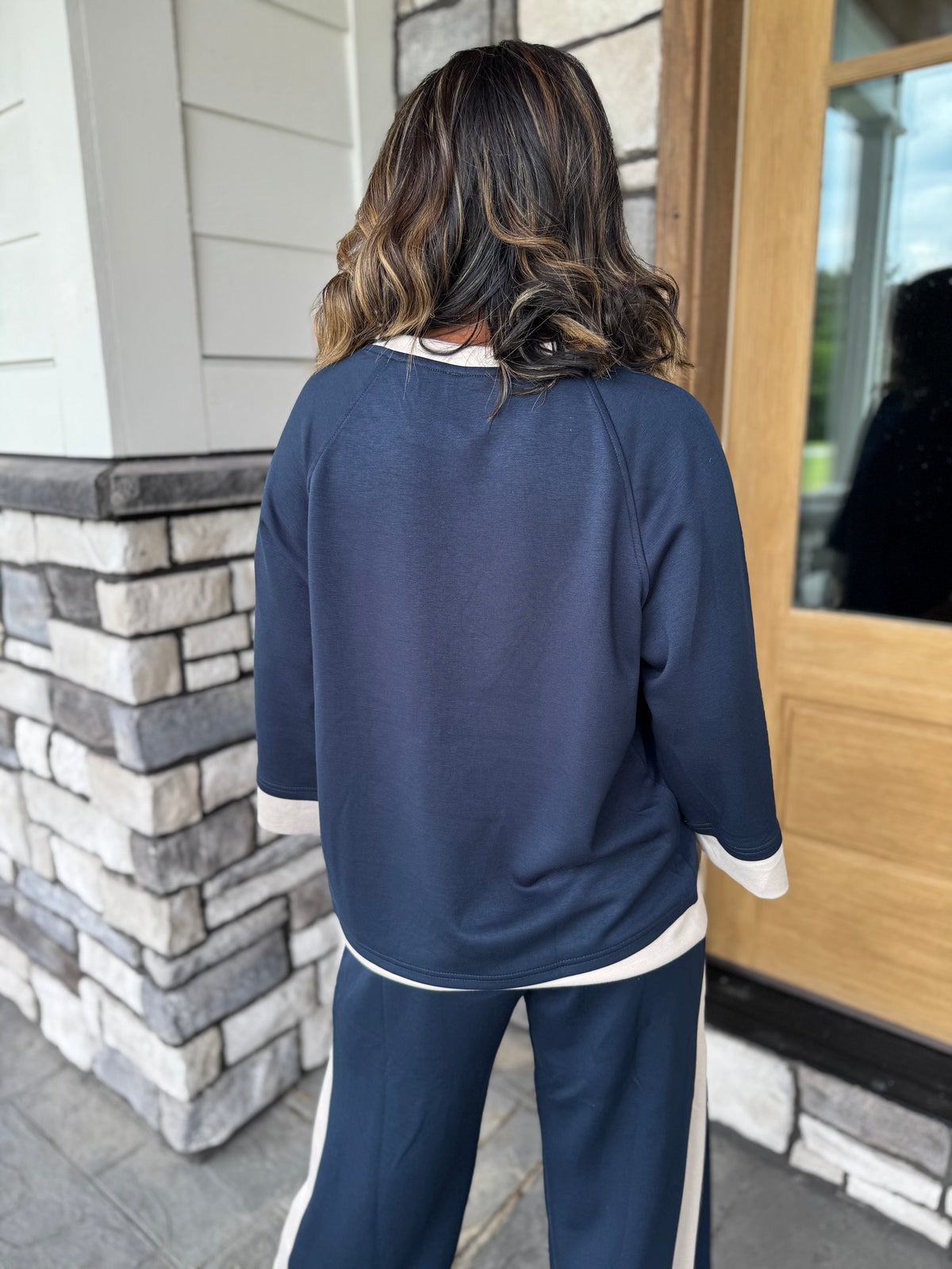 Angela Navy & Ecru Luxe Knit Matching Set W/ Stripe Details