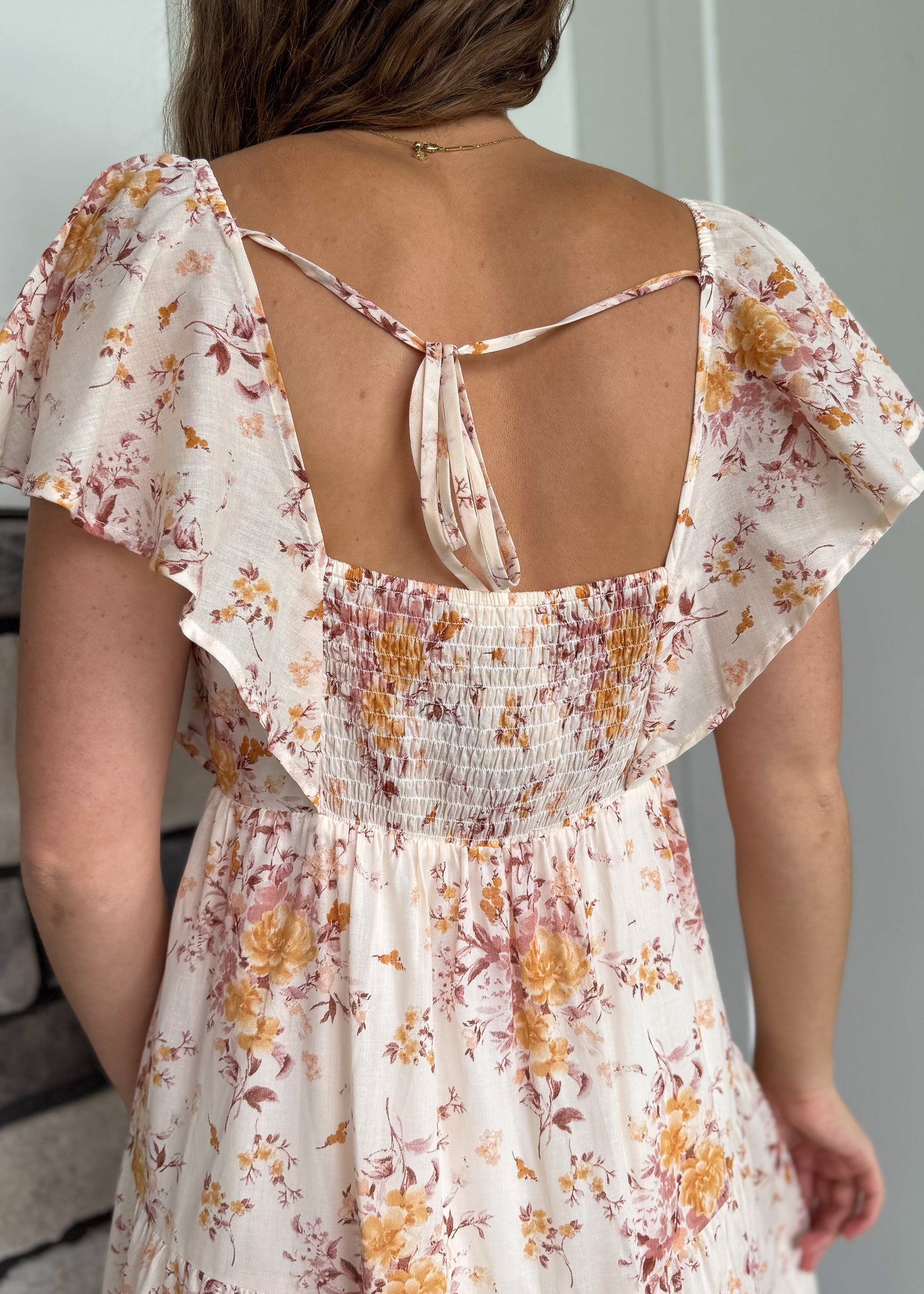 Jana Taupe Tiered Floral Print Dress W/ Ruffle Sleeves