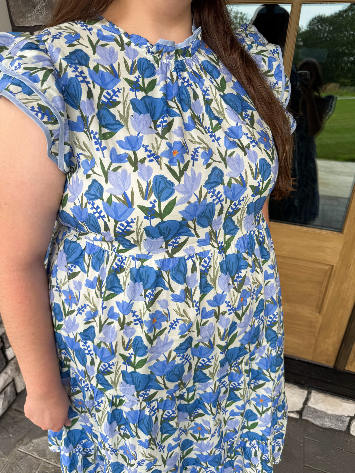 Ann Blue Contrast Piped Ruffle Neck Floral Tank
