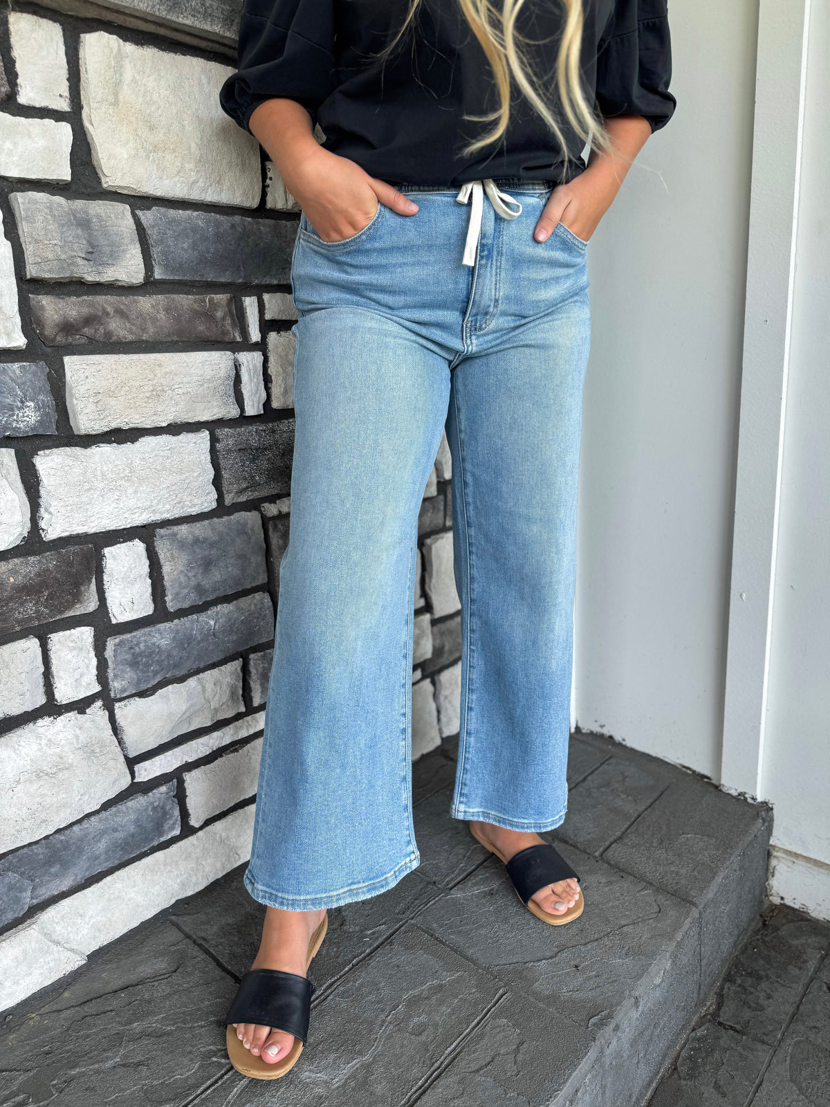 Super High Rise Elastic/Drawstring Waistband Crop Wide Jeans
