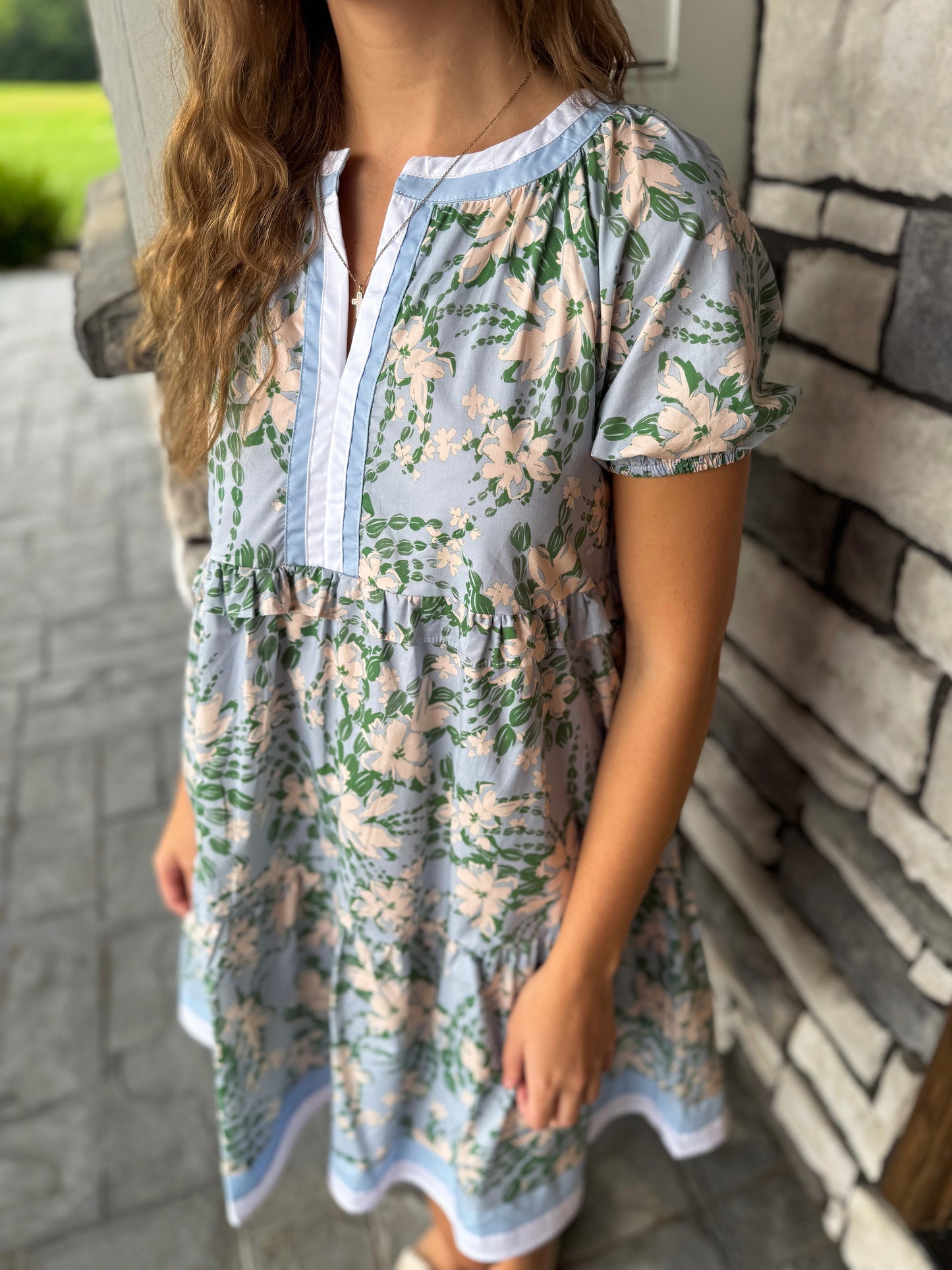 Rachel Blue & Green Floral Contrast Banded Puff Sleeve Mini Dress