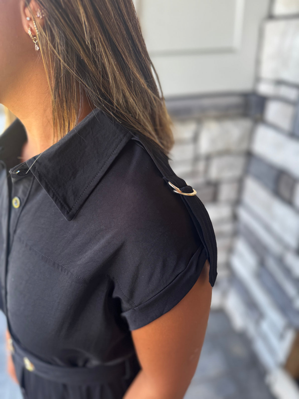 Amber Black Tab Shoulder Detail Belted Midi Dress