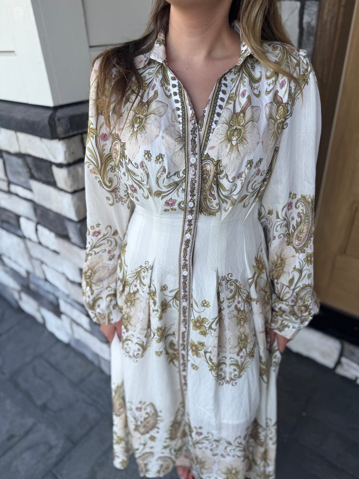 Mabel Olive Paisley Pleated Waist Button Up Midi Dress