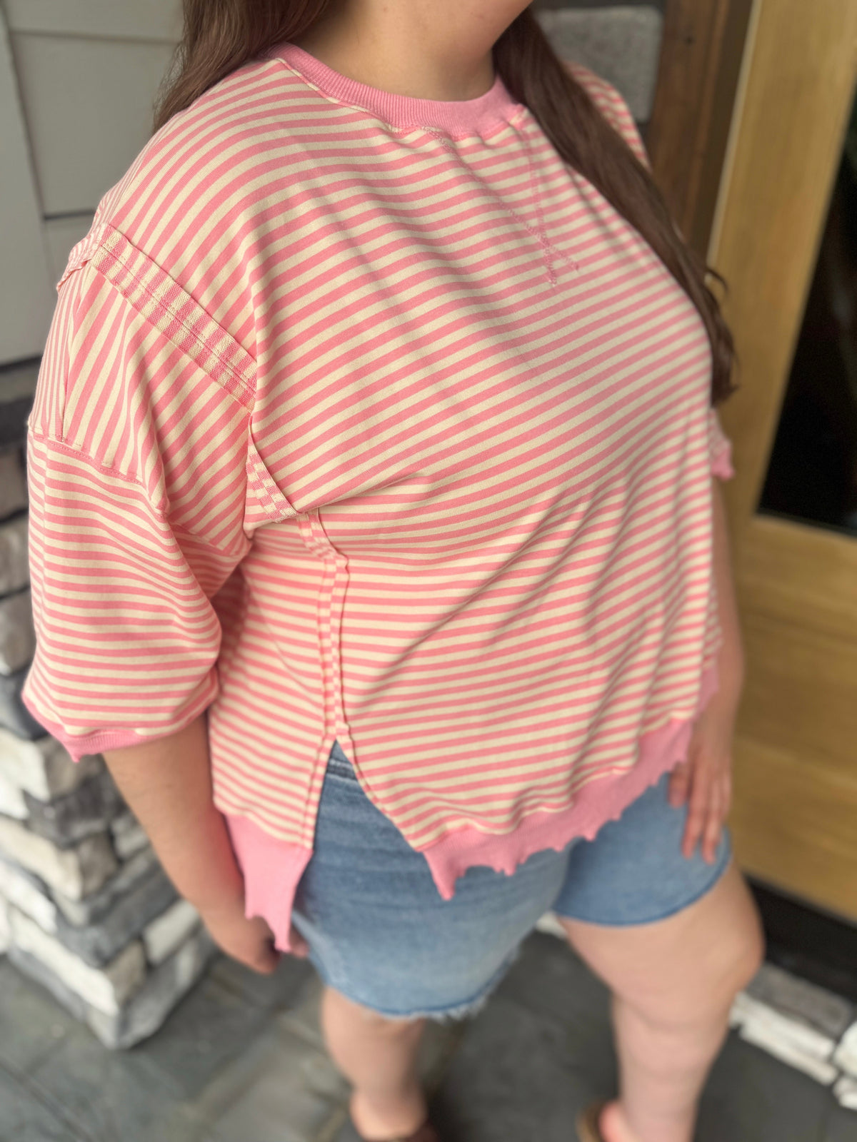Debby Pink & Cream Candy Stripe Lettuce Edge Short Sleeve Sweatshirt