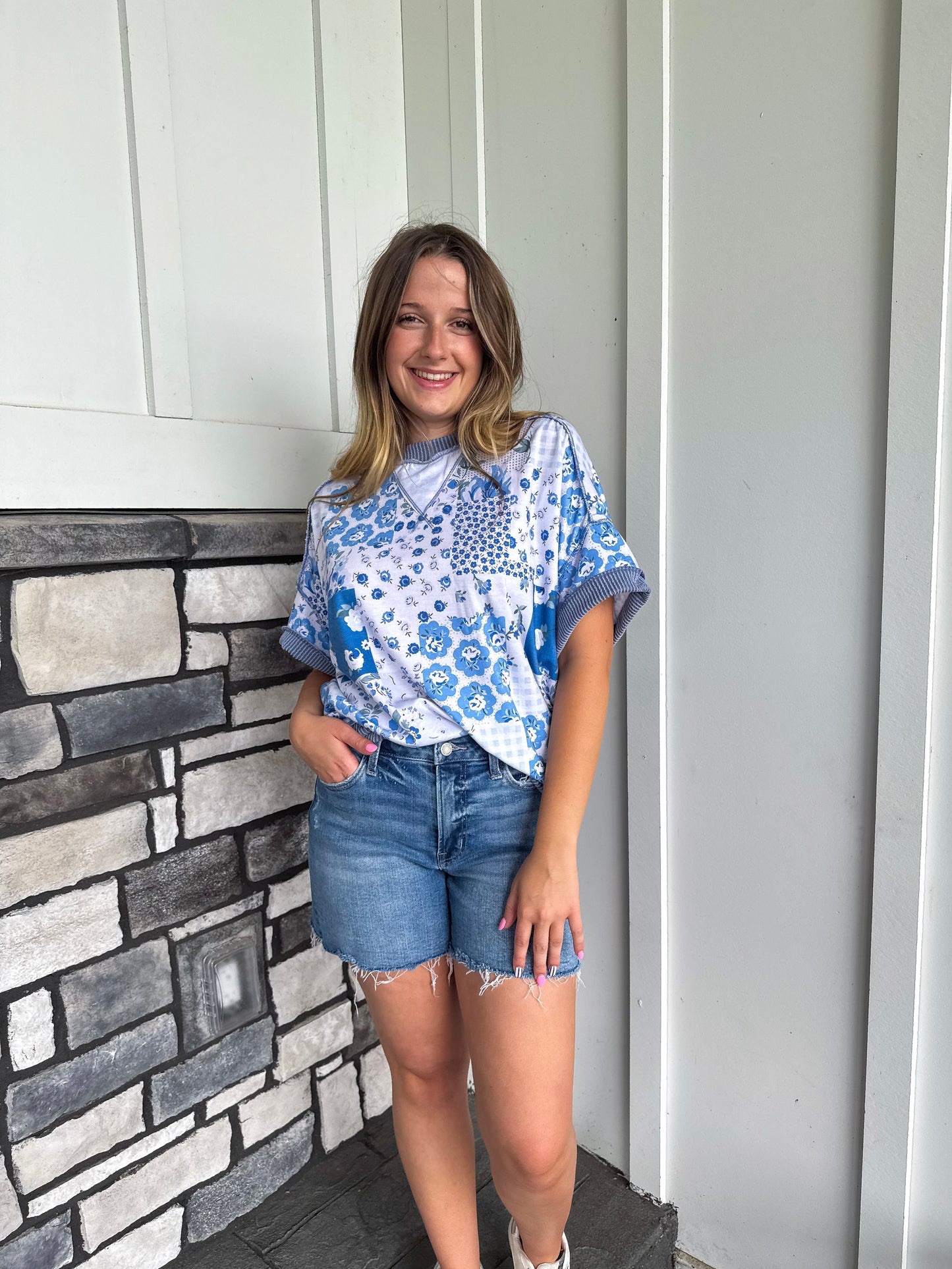 Krista Blue Floral Patchwork Print Top