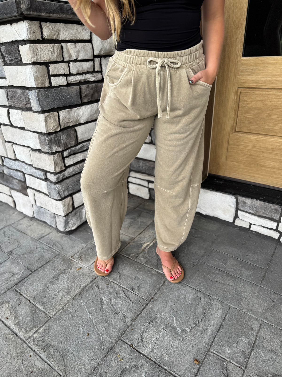 Jasmine Tan Elastic/Drawstring Waist Barrel Leg Sweatpants