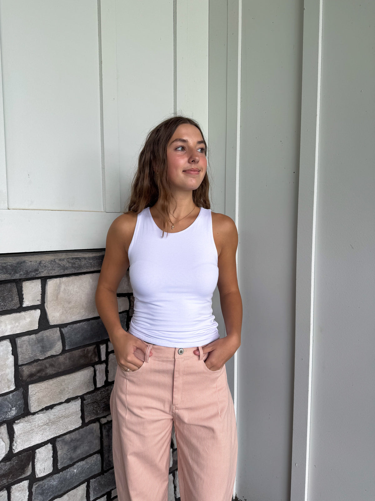 Haley Off White Basic Round Neck Tank Top