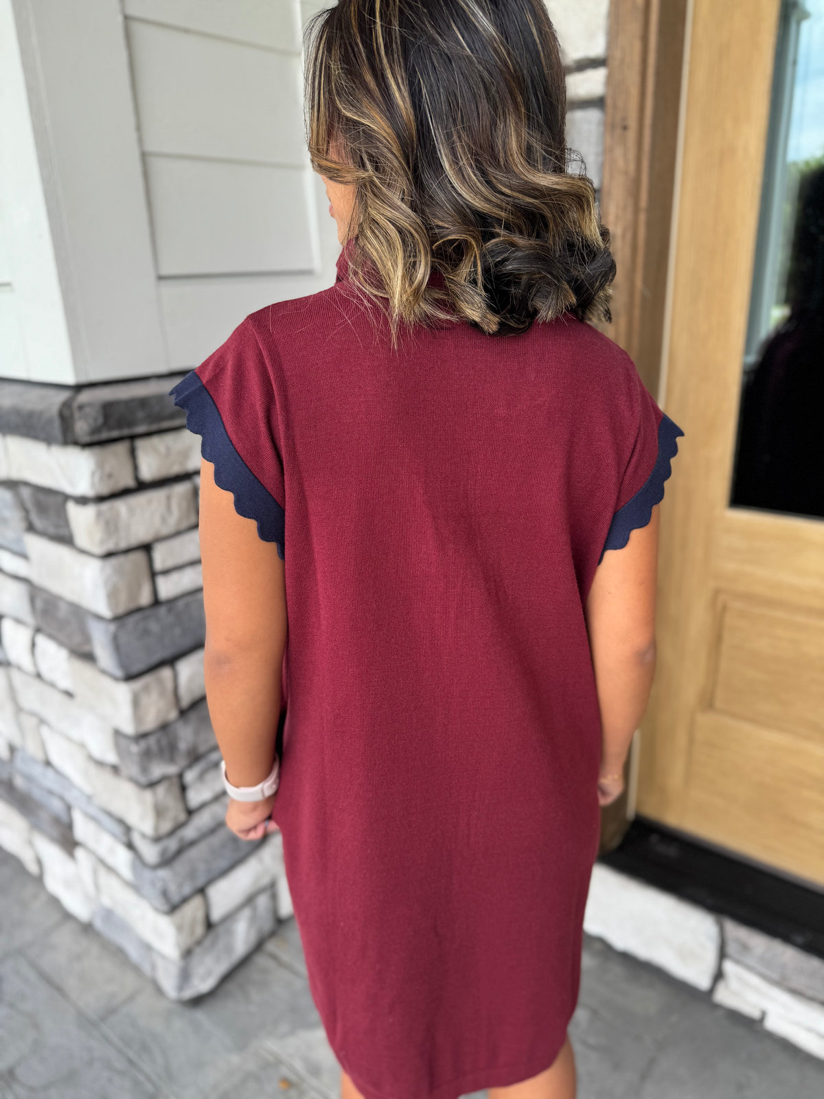 Whitney Burgundy Half Zip Scalloped Edge Short Sleeve Sweater Dress