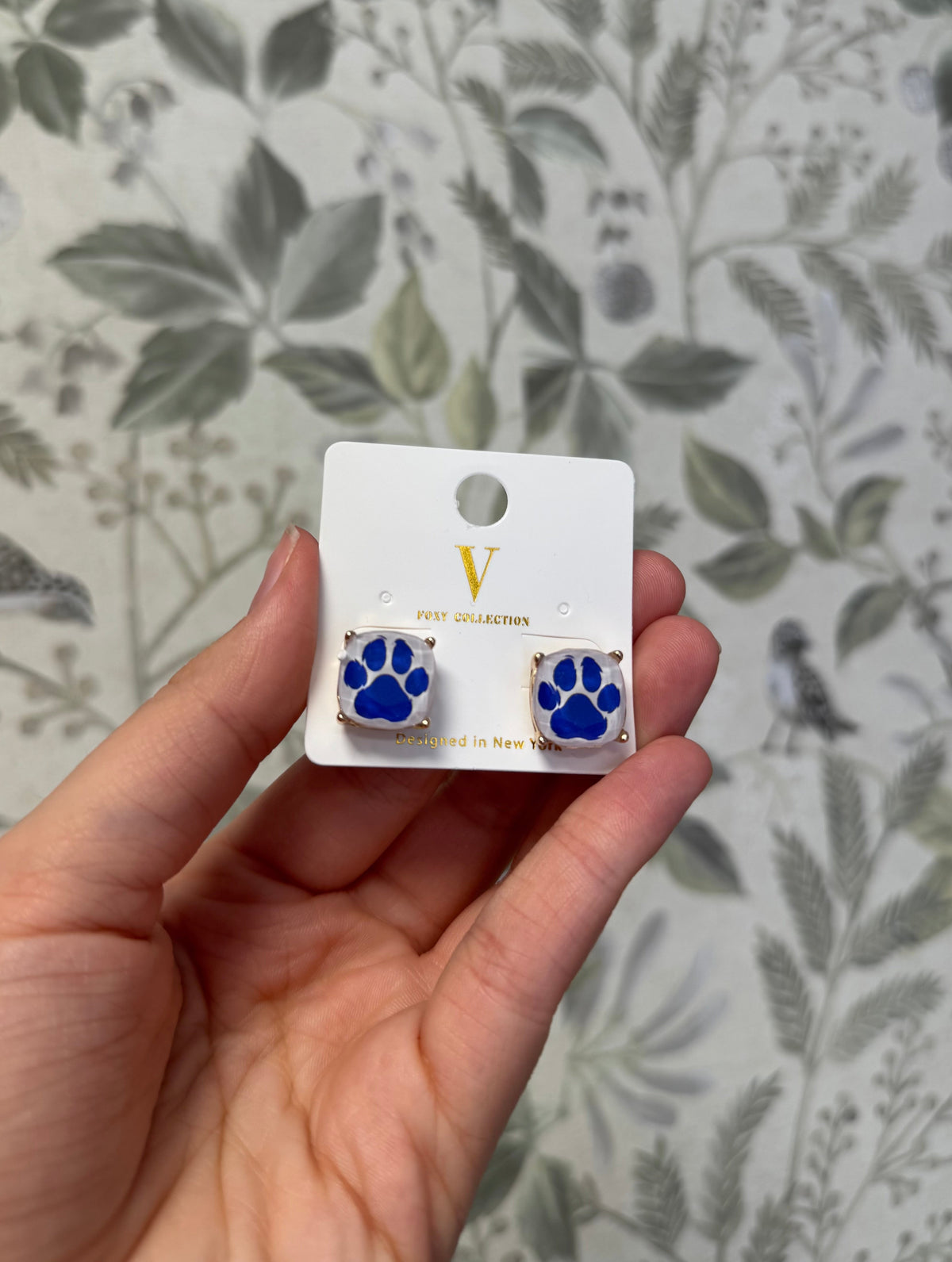 Blue & White Paw Print Gold Stud Earrings
