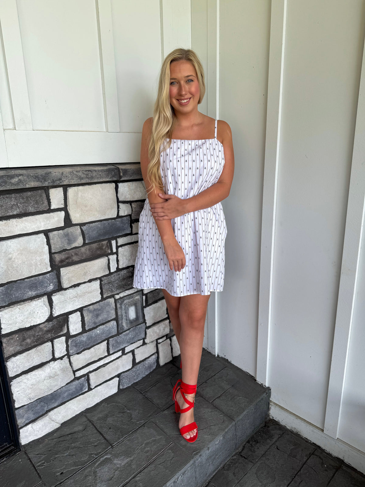 Jessa White & Navy Ditsy Anchor Print Mini Dress
