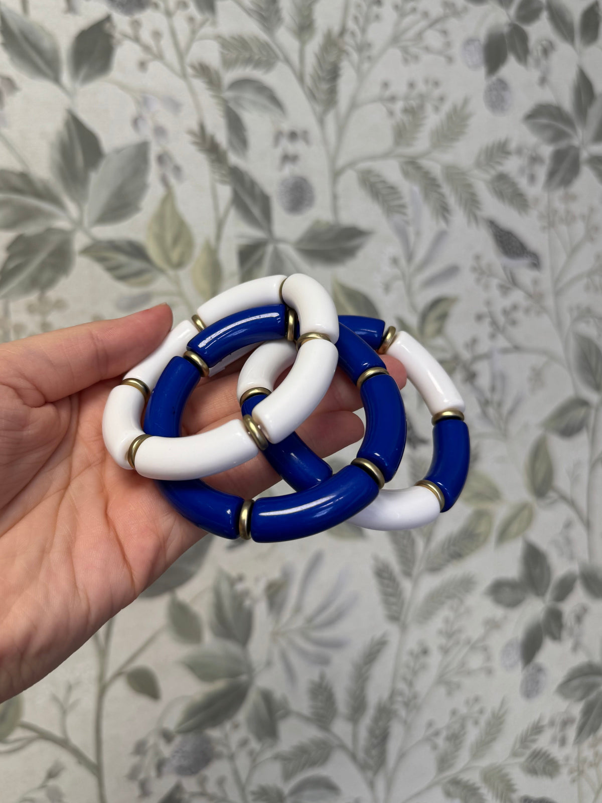 Blue & White Color Block Bracelets W/ Gold Accents