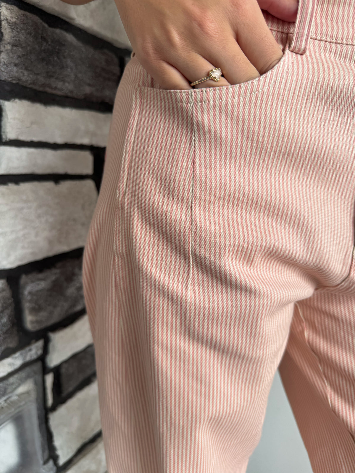 Nikki Pink & Taupe Striped Cotton Barrel Pants