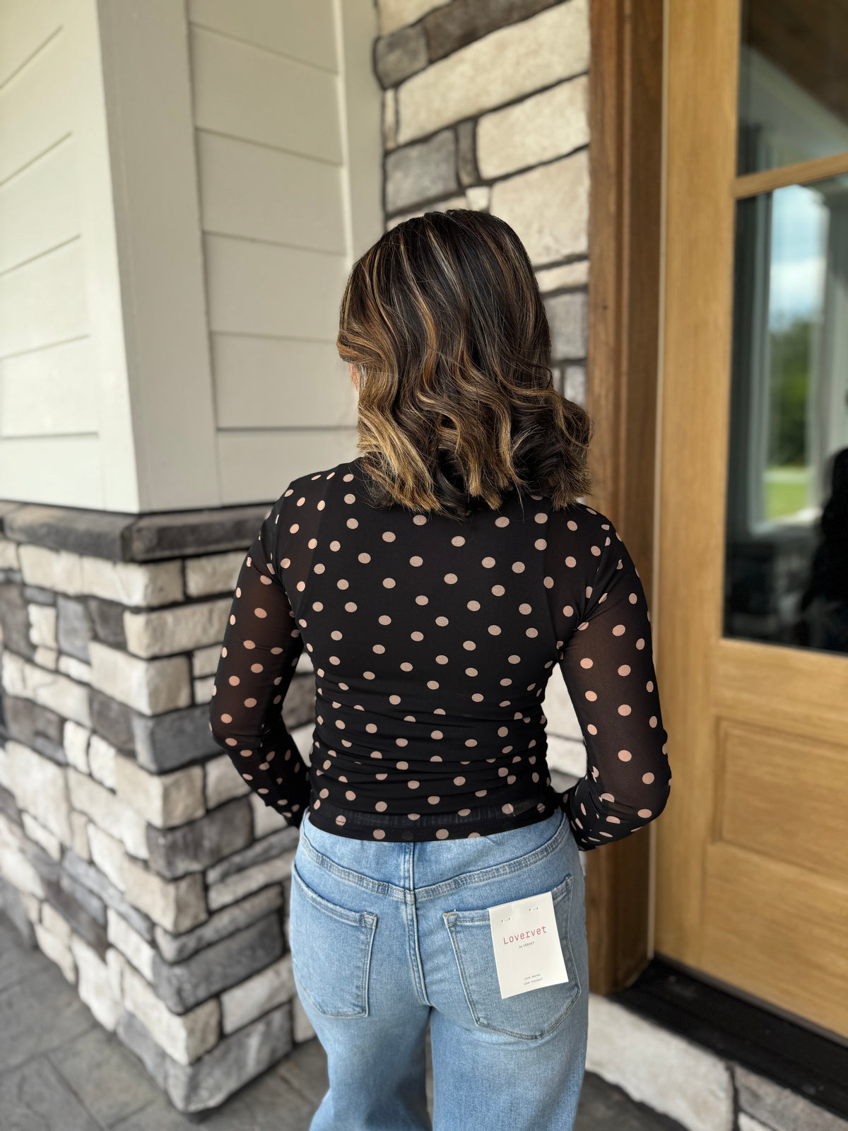 Emily Black & Tan Polka Dot Long Sleeve Mesh Top
