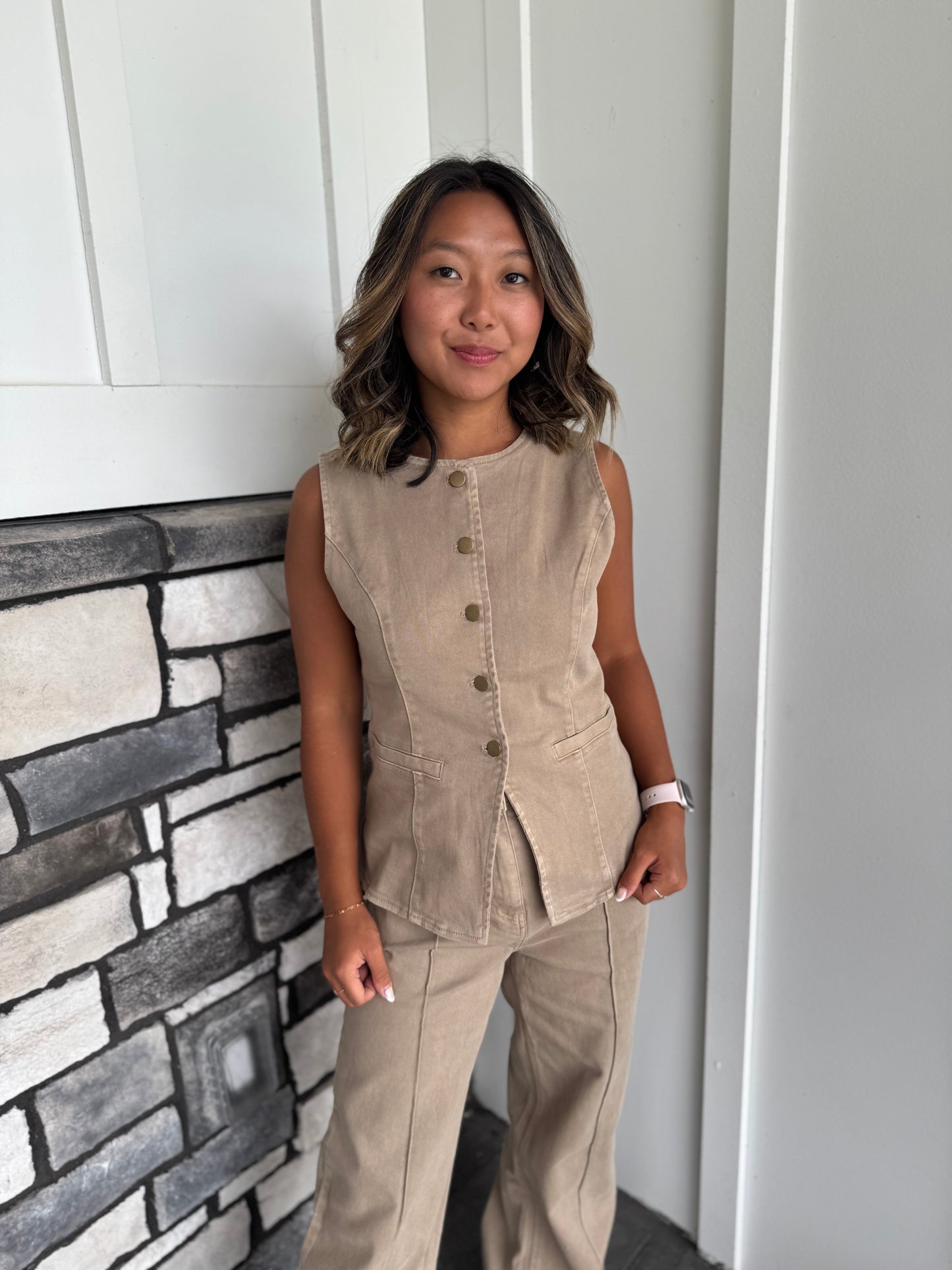 Teagan Khaki Button Up Denim Vest