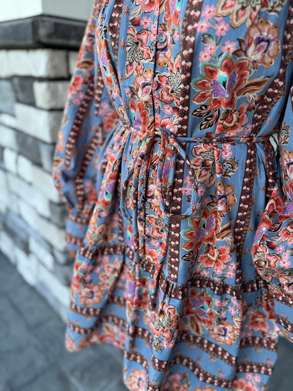 Leena Blue Floral Striped Belted Mini Dress