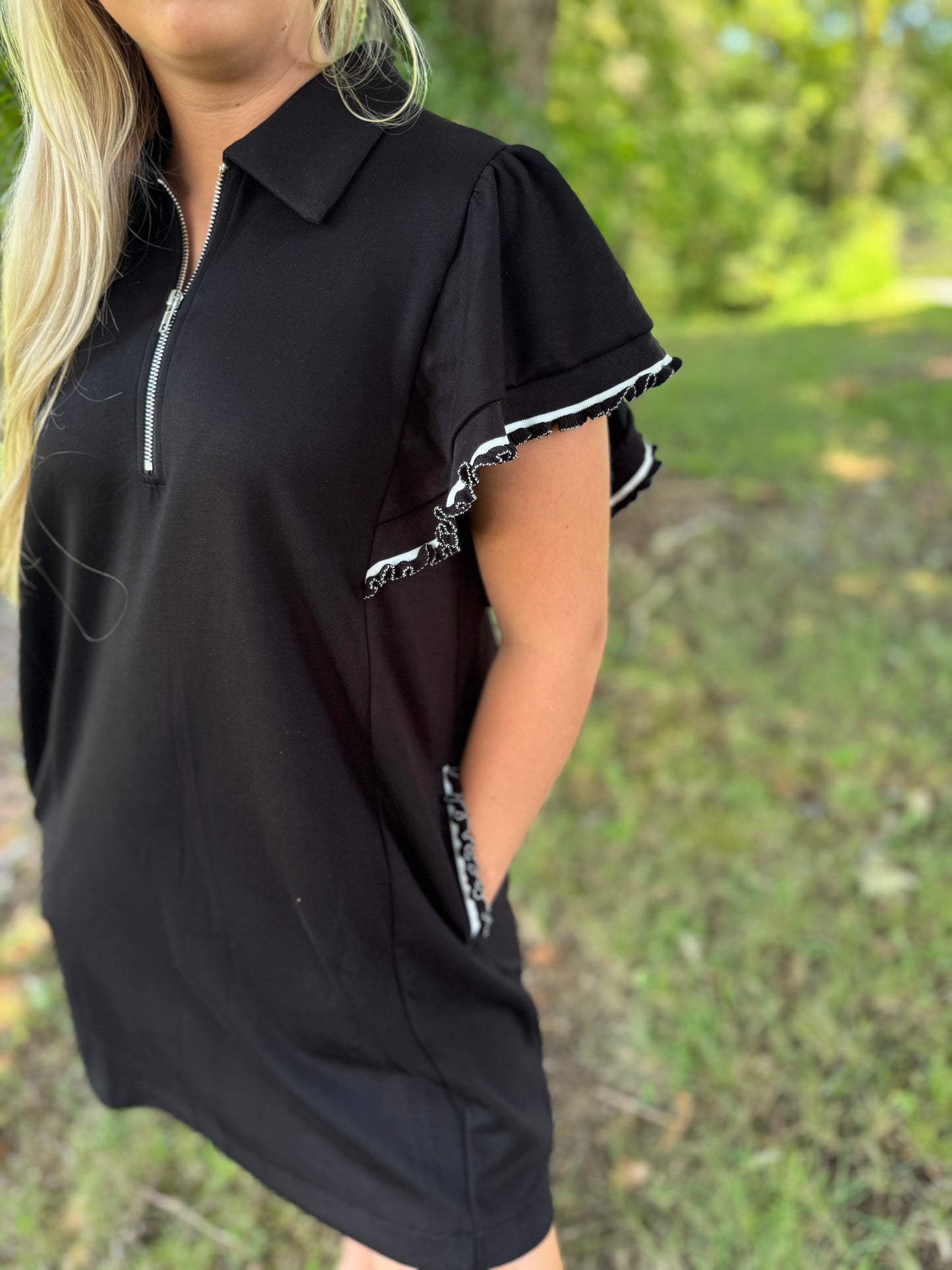 Vanessa Black Half Zip Scalloped Short Sleeve Knit Dress