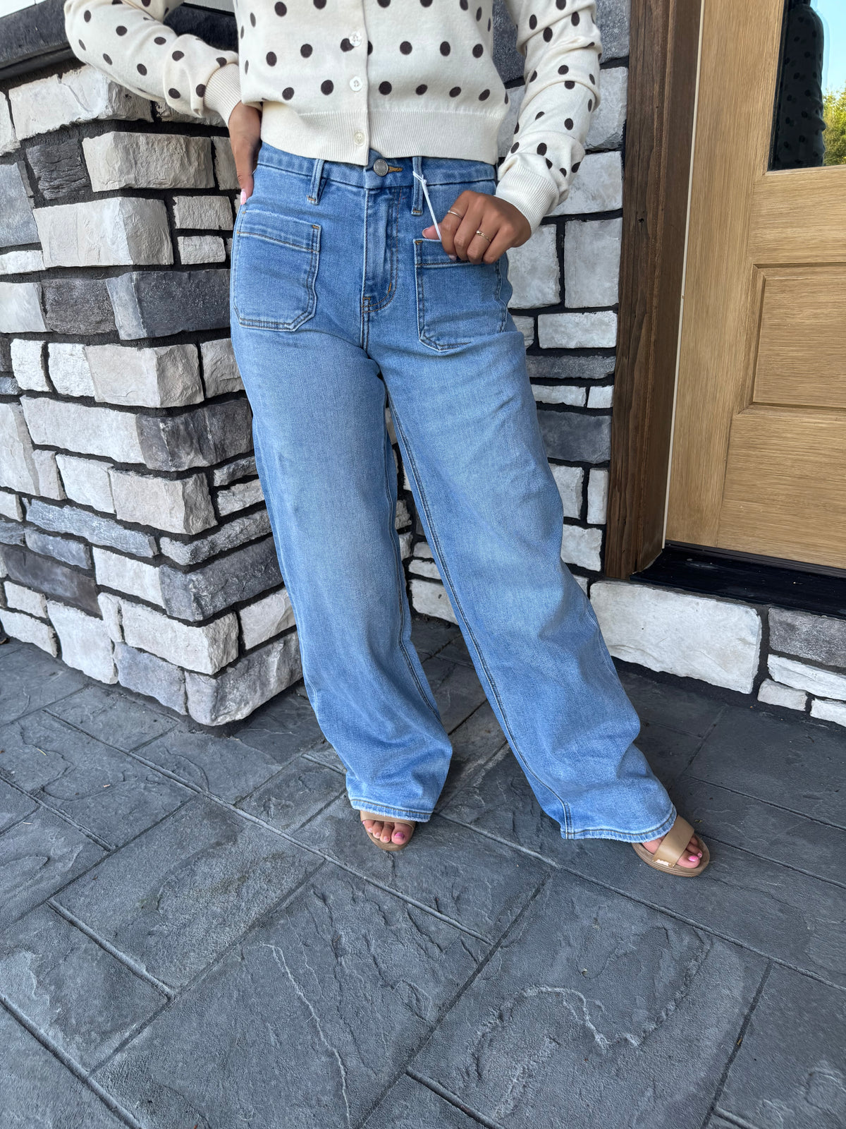 High Rise Front Patch Pocket Wide Leg Jeans