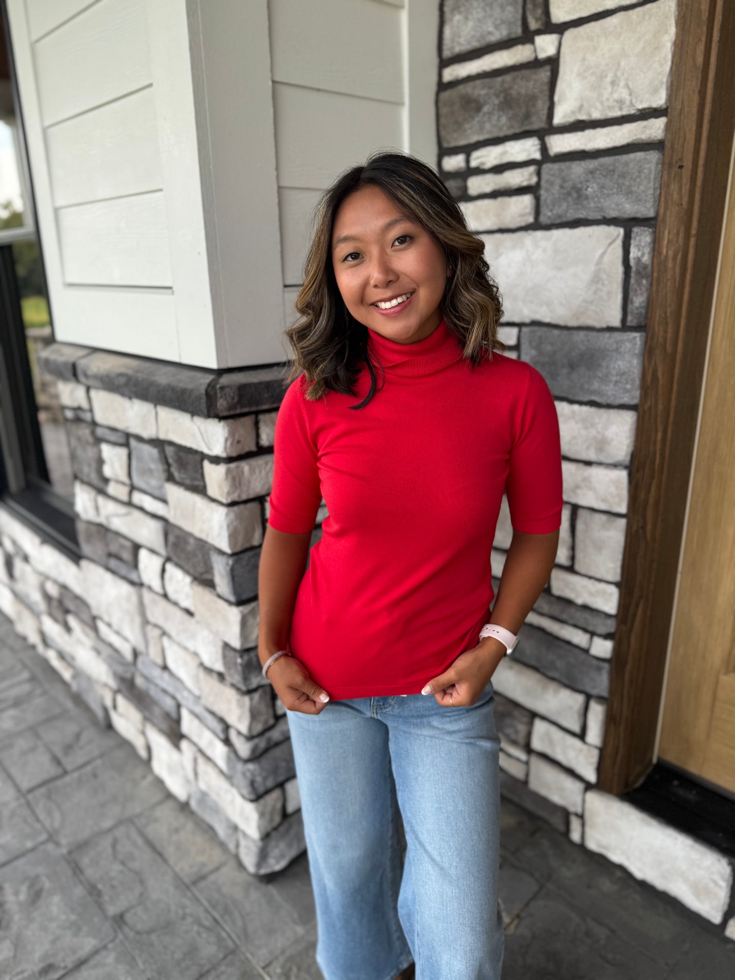 Marietta Red Half Sleeve Turtleneck Sweater Top