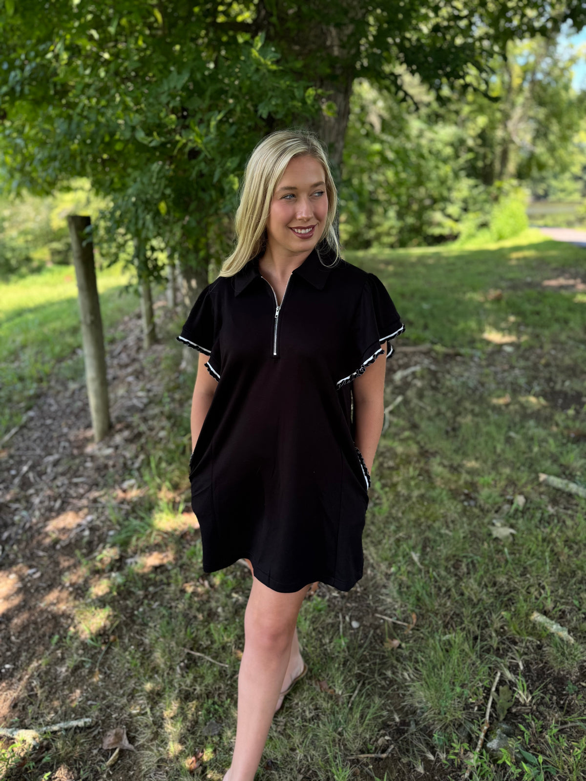 Vanessa Black Half Zip Scalloped Short Sleeve Knit Dress