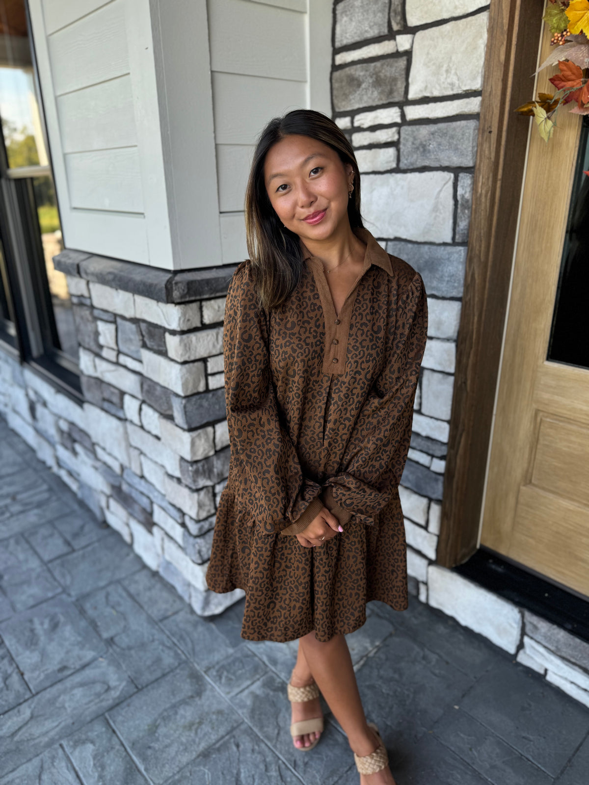 Phoebe Cheetah Print Jacquard Collared Tiered Dress
