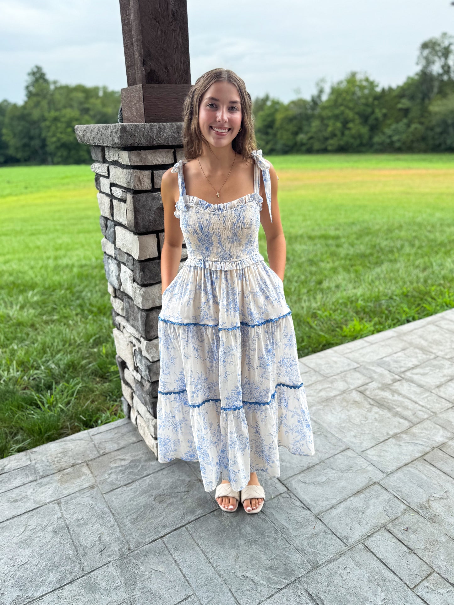 Charlotte Ivory & Baby Blue Tiered Lace Trim Floral Midi Dress