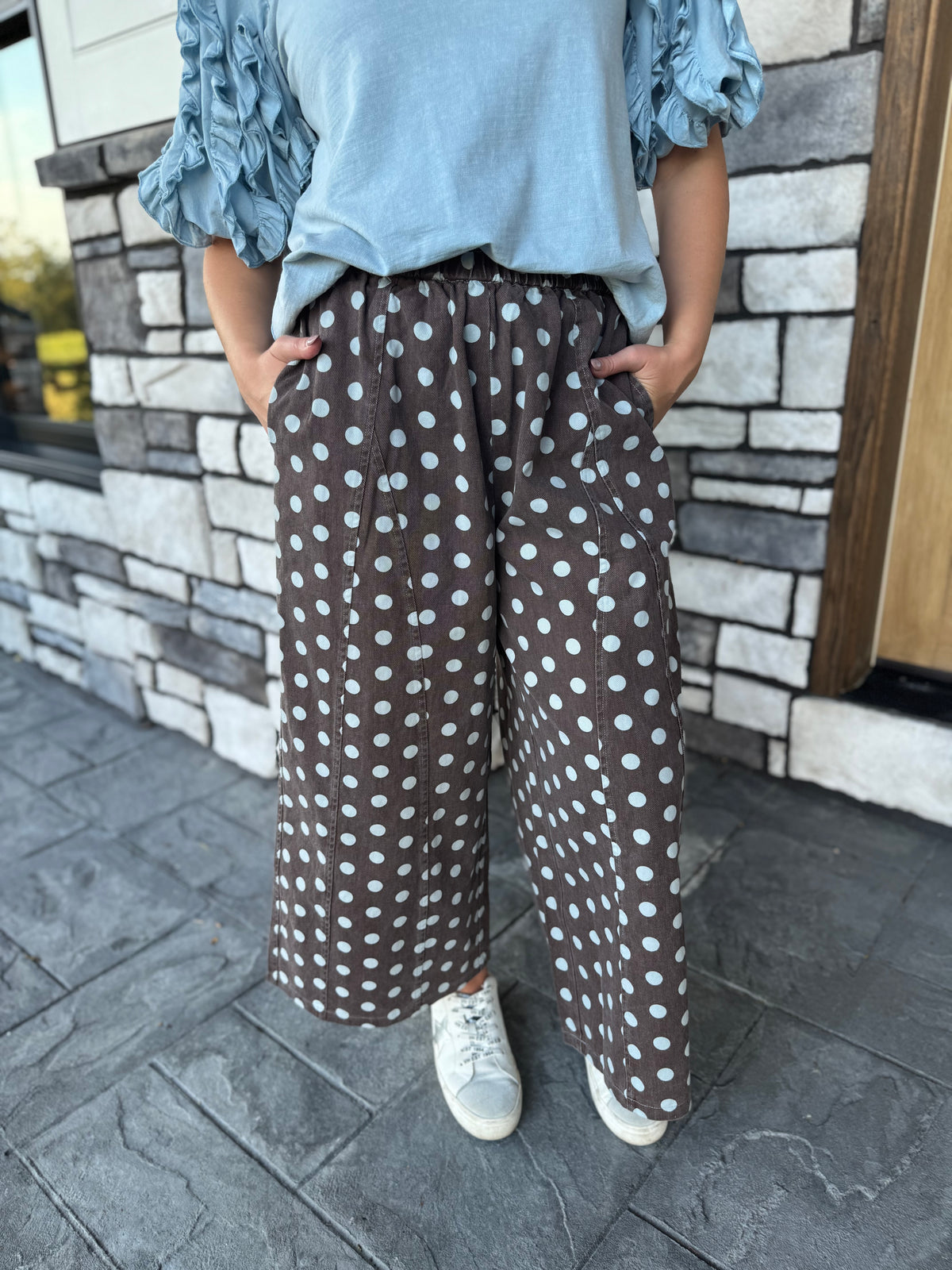 Nellie Brown & Light Blue Polka Dot Mineral Washed Wide Leg Pants