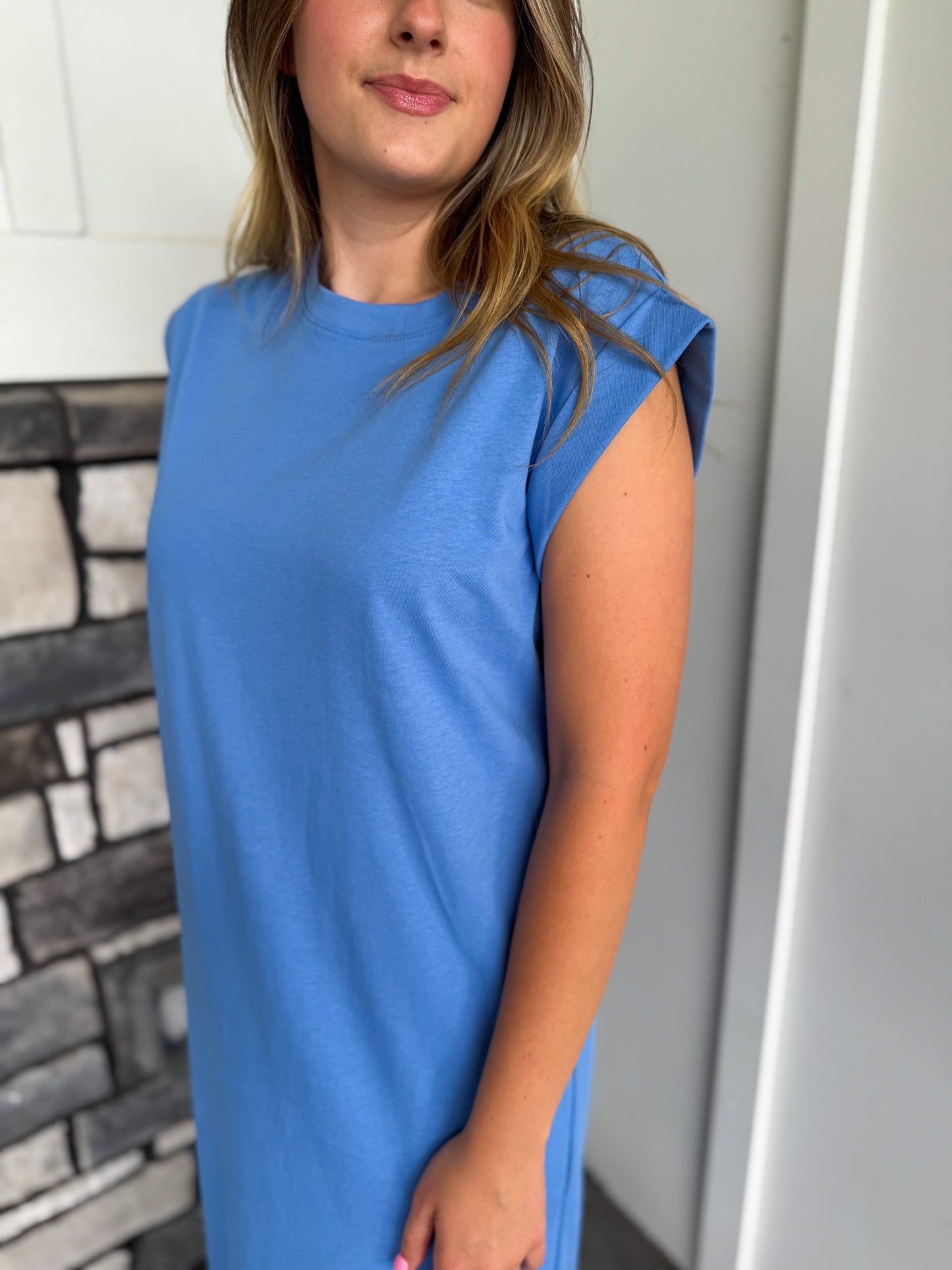Amy Coastal Blue Cap Sleeve Knit Midi Dress